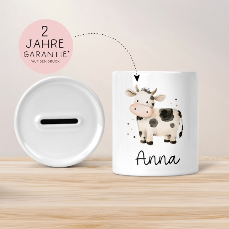 Spardose mit Namen Kuh Tier Personalisiert optional mit Datum - Schwarz Weiß - Geschenk für Junge & Mädchen zum Geburtstag Weihnachten
