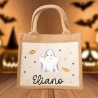 Halloween Stoff Tasche mit Namen | Beutel mit Geist und Bonbons | Candy Bag mit Namen | Tragetasche für Kinder für Süßigkeiten an Halloween