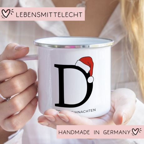 Emaille Tasse Weihnachten Personalisiert - Frohe Weihnachten - Merry Christmas - mit Anfangsbuchstabe und Wunschnamen - Nikolaus - Monogramm