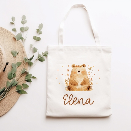 Sitzender Bär Stofftasche Tasche Kinder-Beutel mit Namen als Sporttasche, Wechselwäsche, Tragetasche -für Kita Schule & Kindergarten