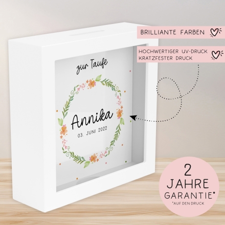 Kommunion Holz Spardose Taufe personalisiert mit Namen zur Geburt Kommunion Konfirmation eines Kindes mit Taufspruch als Geldgeschenk Sparen