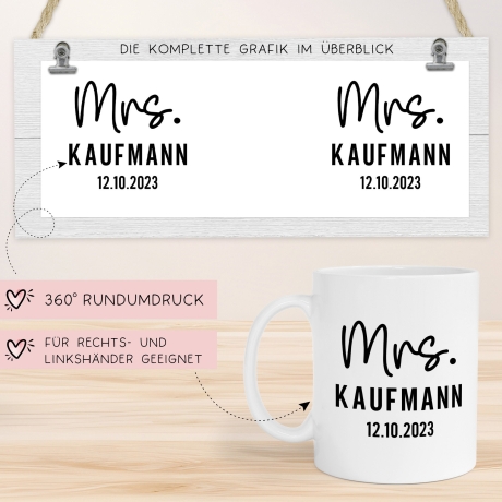 Mr. & Mrs. Tasse Hochzeit personalisiert Becher mit Wunschnamen und Datum – Namenstasse Hochzeitsgeschenk - Braut Bräutigam – Kaffeetasse