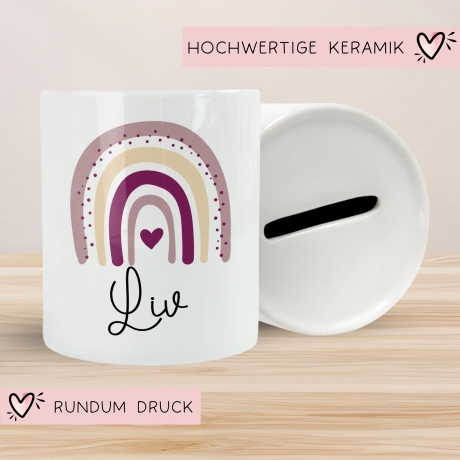 Personalisierte Spardose Regenbogen mit Namen und Datum - Rosa - Geschenk für Mädchen zum Geburtstag Weihnachten Firmung Geburt Einschulung