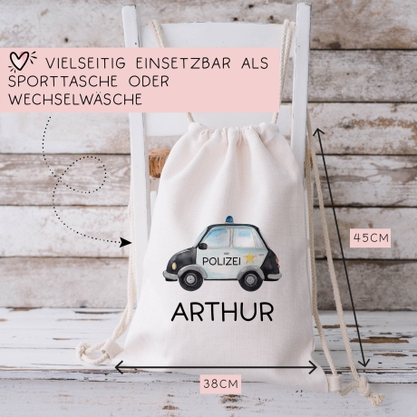 Polizeiauto Streifenwagen Stofftasche Personalisiert mit Namen. Polizeifahrzeug für Schule | Wäschebeutel Wechselwäsche | Mädchen & Junge