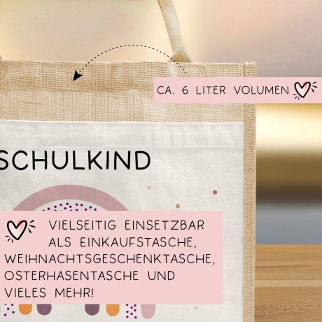 Schulkind Regenbogen Einschulung Tasche | Jute Pocket |Personalisiert mit Wunschnamen | Herz als Geschenktasche für Schulanfang - 1 Schultag