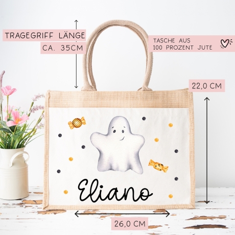 Halloween Stoff Tasche mit Namen | Beutel mit Geist und Bonbons | Candy Bag mit Namen | Tragetasche für Kinder für Süßigkeiten an Halloween