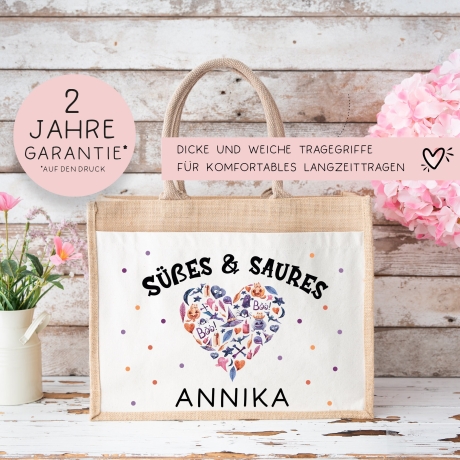 Halloween Stofftasche mit Namen | Süßes oder Saures | Wunschnamen | Candy Bag Jute | Tragetasche für Kinder für Süßigkeiten | Pocket Tasche