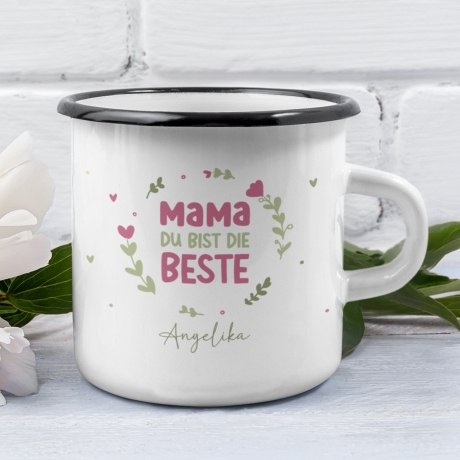 Personalisierter Emaille-Becher/Tasse zum Muttertag: Mama, du bist die Beste mit [Wunschname].Ein Geschenk für Geburtstag oder Dankeschön.