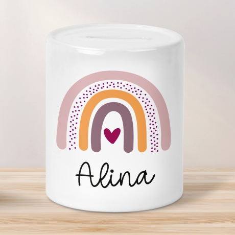 Personalisierte Kinder Spardose Regenbogen Aquarell mit Namen Wunschname und Datum -Geschenk für Jungen & Mädchen zum Geburtstag Weihnachten