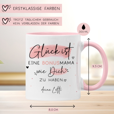 Tasse Bonusmama Muttertag personalisiert – Motiv: Glück ist eine BONUSMAMA wie dich zu haben - Geschenk zum Geburtstag, Ostern, Weihnachten