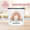 Schulanfang Schulkind Emaille Tasse Becher | Personalisiert mit Wunschnamen | Kindertasse zur Einschulung | Regenbogen Rosa Geschenk
