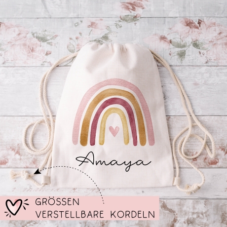 Regenbogen Turnbeutel Personalisiert Rucksack mit Namen - als Wäschebeutel, Sportbeutel Kinderbeutel für Schule, Kindergarten, Kita