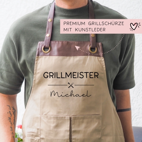 Grillschürze Grillmeister personalisiert für Männer mit Kunstleder Applikation zum 60. Geburtstag -Baumwollschürze, Küchenschürze, Geschenk