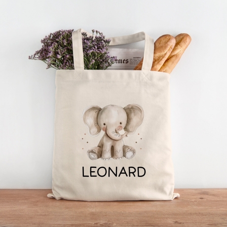Kinder-Beutel mit Namen personalisiert - Elefant - Stofftasche als Sporttasche, Wechselwäsche, Tragetasche - Kita, Schule & Kindergarten