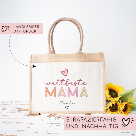 Weltbeste Mama Tasche Stoffbeutel - mit Wunschname - Einkaufstasche - Geschenkidee für deine Mutter zum Geburtstag Muttertag Personalisiert