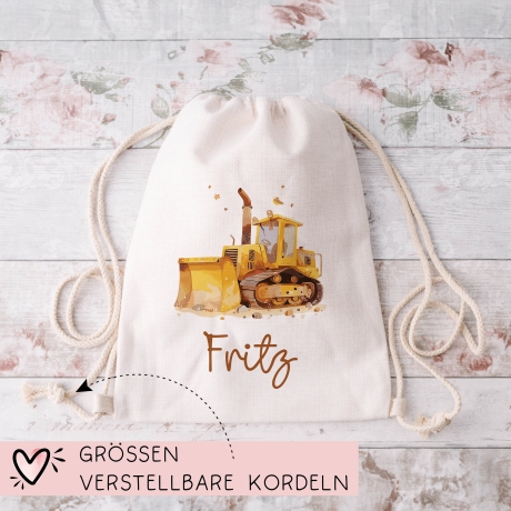 Bagger Turnbeutel Rucksack mit Namen - GymBag als Wäschebeutel, Sportbeutel Kinderbeutel für Schule, Kindergarten, Kita. Personalisiert