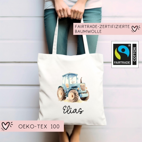 Personalisierte Stofftasche Traktor Blau Name - Kinder Beutel Kindertasche mit Wunschname - Wechselwäsche - Wechselkleidung - Tragetasche