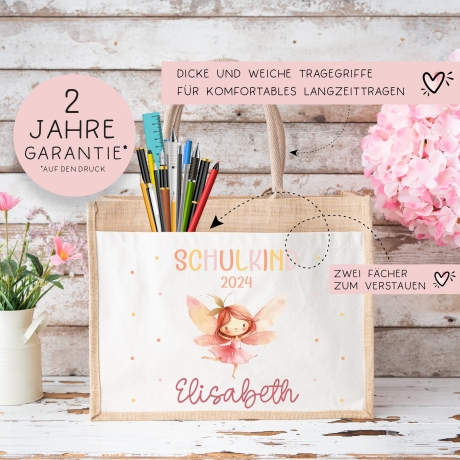 Ballerina Fee Schulkind Tasche 2024, Schultasche, Geschenk Einschulung, Schultüte, personalisierte Jutetasche, Einschulungsgeschenk