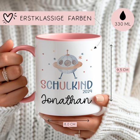 Schulkind 2024 Tasse Einschulungsgeschenk mit UFO-Weltraum-Motiv Kindertasse - personalisierte Kakao Tasse mit Namen
