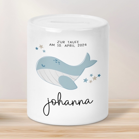 Personalisierte Spardose zur Taufe Motiv: Wal - mit Wunschnamen-Geschenk für Jungen & Mädchen zur Kommunion, Konfirmation, Firmung, Geschenk