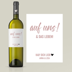 Weinetikett mit Namen, auf uns und das Leben, Wunschname Etikett, Geburtstagsgeschenk für Weinliebhaber - Rosa