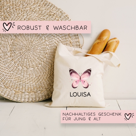 Rosa Schmetterling Stoff Tasche Personalisiert und Namen. Für Kindergarten und Schule - Wäschebeutel Wechselwäsche KITA | Mädchen & Junge