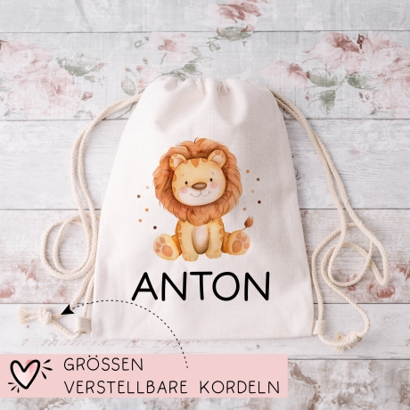 Personalisierter Turnbeutel Löwe Wunschnamen | Tierkinder | Rucksack für Schule, Kindergarten, KITA und KIGA Wäschebeutel
