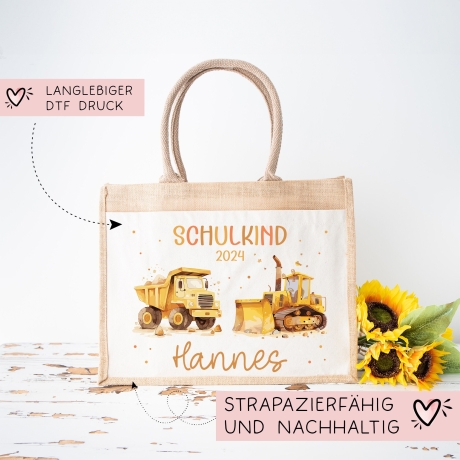 Schulkind Tasche 2024, Baustelle Kipper & LKW, Schultasche, Geschenk Einschulung, personalisierte Jutetasche, Einschulungsgeschenk