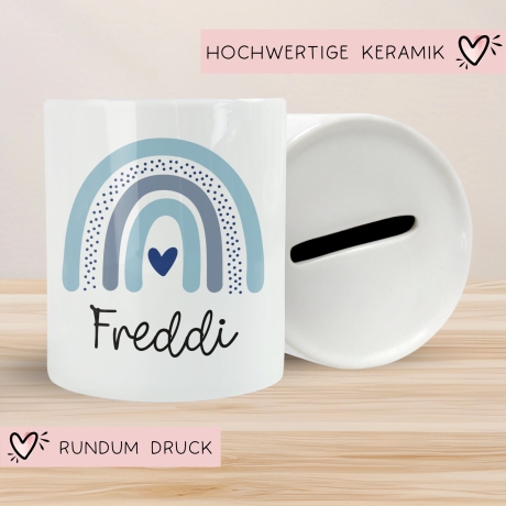 Personalisierte Kinder Spardose Regenbogen mit Namen und Datum - Blau - Geschenk für Junge zum Geburtstag Weihnachten Firmung Einschulung