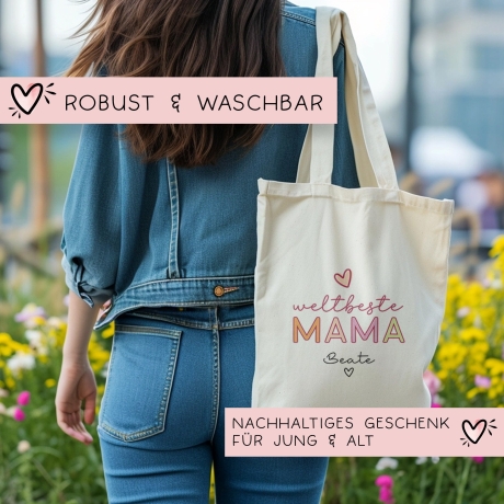 Weltbeste Mama Tasche Stoffbeutel - mit Wunschname - Einkaufstasche - Geschenkidee für deine Mutter zum Geburtstag Muttertag Personalisiert