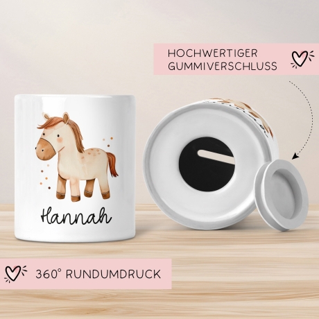 Personalisierte Kinder Spardose Pferd Tier mit Namen optional mit Datum - Braun - Geschenk für Junge & Mädchen zum Geburtstag Weihnachten