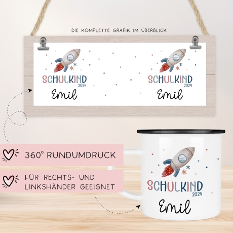 Schulanfang Schulkind 2024 Emaille-Tasse | Personalisiert mit Wunschnamen | Kindertasse zur Einschulung | Astronaut mit Rakete-Motiv