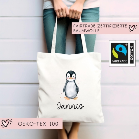 Stofftasche mit Namen Pinguin - Personalisierte Kinder Beutel Kindertasche - Wechselwäsche, Schmutzwäsche Tragetasche - Wechselkleidung