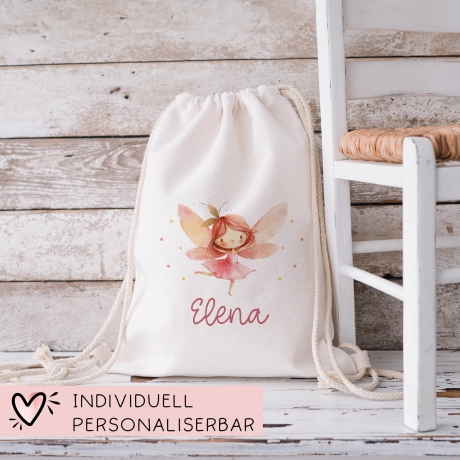 Kinder-Beutel Ballerina Fee mit Namen personalisiert Personalisierter Turnbeutel | Rucksack als Sportbeutel für Schule, Kindergarten, Wäsche