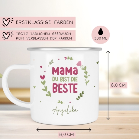 Personalisierter Emaille-Becher/Tasse zum Muttertag: Mama, du bist die Beste mit [Wunschname].Ein Geschenk für Geburtstag oder Dankeschön.