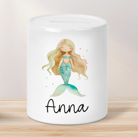 Spardose Meerjungfrau Personalisiert mit Name oder Wunschnamen für Mädchen aus Keramik. Geschenk Taufe, Geburtstag od. Weihnachten Sparbox