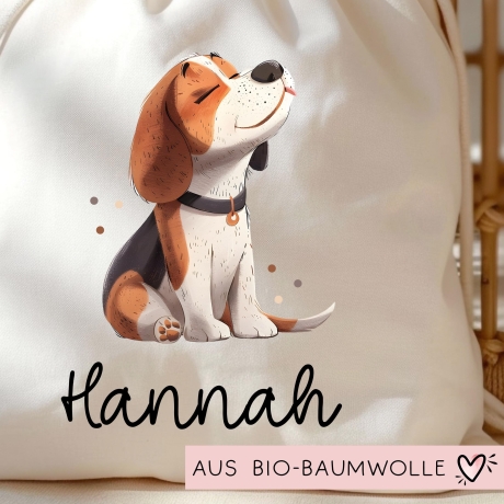 Personalisierte Stofftasche Beagle Hund Name - Kinder Beutel Kindertasche mit Wunschname - Wechselwäsche, Schmutzwäsche - Wechselkleidung