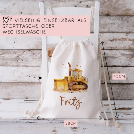 Bagger Turnbeutel Rucksack mit Namen - GymBag als Wäschebeutel, Sportbeutel Kinderbeutel für Schule, Kindergarten, Kita. Personalisiert