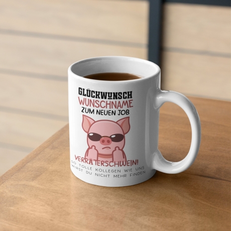 Personalisierte Tasse mit Spruch: Glückwunsch zum neuen Job Verräter! - Abschiedsgeschenk Kollegen - Kaffeetasse Sparschwein