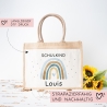 Einschulung Tasche Regenbogen Schulkind mit Wunschnamen | Jute Pocket |Personalisiert | Herz als Geschenktasche für Schulanfang - 1 Schultag