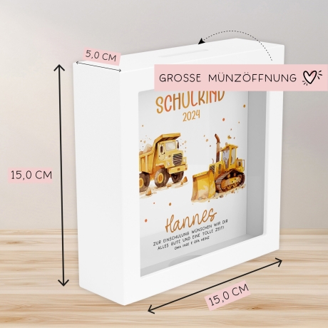LKW & Kipper Spardose Schulkind 2024 mit Wunschname Fee Name Kind personalisiert Kinder Geburtstagsgeschenk Einschulung mit Wunschtext