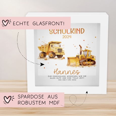 LKW & Kipper Spardose Schulkind 2024 mit Wunschname Fee Name Kind personalisiert Kinder Geburtstagsgeschenk Einschulung mit Wunschtext