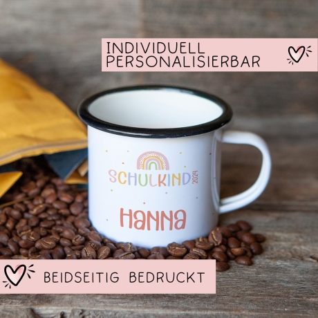 Schulanfang Regenbogen Kindertasse 2024 Schulkind Name Emaille Tasse Kind Kindergeschirr personalisiert Kinder Geschenk