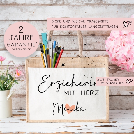 Erzieherin mit Herz - Personalisierte Tasche Jute - Geschenk Juteasche Abschiedsgeschenk Schule Kindergarten - Beste Erzieherin Wunschtext