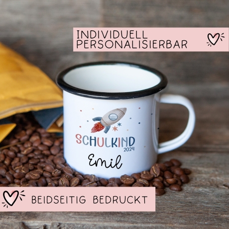 Schulanfang Schulkind 2024 Emaille-Tasse | Personalisiert mit Wunschnamen | Kindertasse zur Einschulung | Astronaut mit Rakete-Motiv