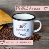 Schulanfang Schulkind 2024 Emaille-Tasse | Personalisiert mit Wunschnamen | Kindertasse zur Einschulung | Astronaut mit Rakete-Motiv