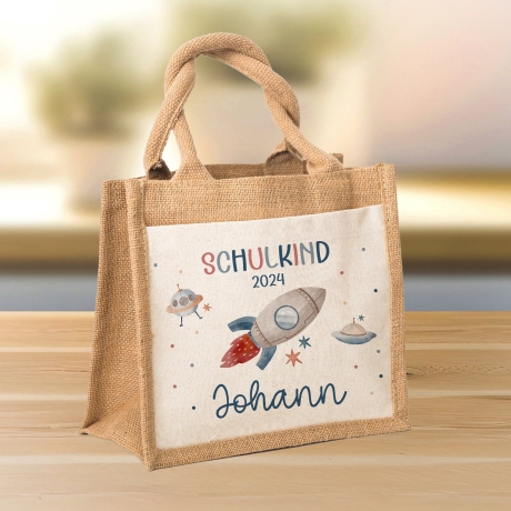 Schulkind 2024 Tasche, Rakete Weltraum Schultasche, Geschenk Einschulung, Schultüte, personalisierte Jutetasche, Einschulungsgeschenk