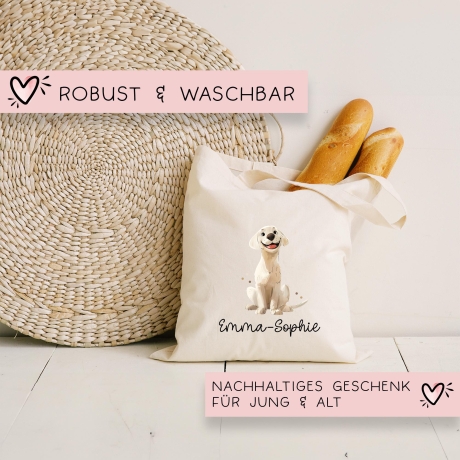 Personalisierte Stofftasche Labrador Hund Name - Kinder Beutel Kindertasche mit Wunschname - Wechselwäsche - Tragetasche - Wechselkleidung