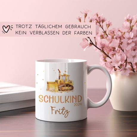 Schulkind 2024 Tasse Kindertasse, Wunschnamen Bagger Motiv, Personalisierte Einschulung Geschenk