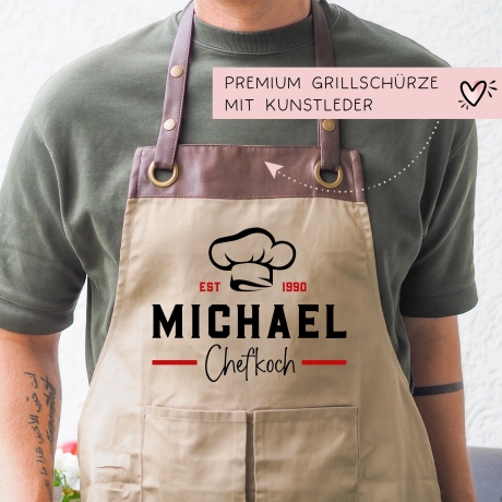 Grillschürze Chefkoch personalisiert für Männer mit Name Kunstleder Applikation zum Geburtstag - Weihnachten Baumwollschürze, Küchenschürze